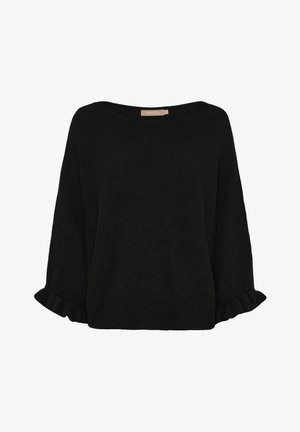 Sort løstsiddende sweater med bred halsudskæring og flæser ved manchetterne på de lange ærmer, lavet af blødt struktureret stof.