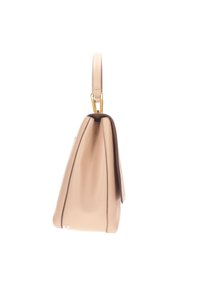 Borsa a mano in pelle beige con forma strutturata, dettagli in oro e bordi scuri a contrasto. Dotata di un manico superiore per una facile portabilità.