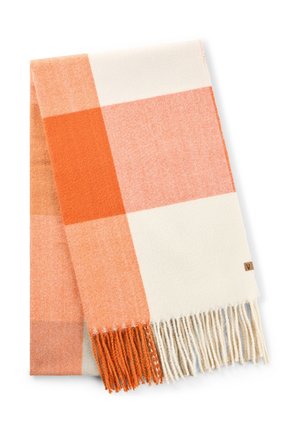 Folded wool scarf with large check pattern in orange, pale orange, and cream, featuring fringed ends.