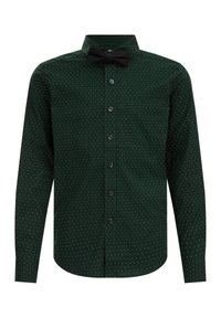 Grön skjorta med knappar och vita prickar, svart fluga, långärmad, traditionell krage och en bröstficka.