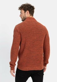 Rustfarbenes gestricktes Sweatshirt mit strukturiertem Finish, geripptem Kragen und langen Ärmeln. Die Rückseite hat ein einfaches, klassisches Design.