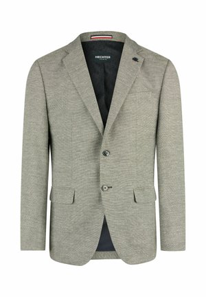 Hellgrauer maßgeschneiderter Herrenblazer mit Kerbkragen, zwei Knöpfen, Pattentaschen und schwarzem, gemustertem Innenfutter.