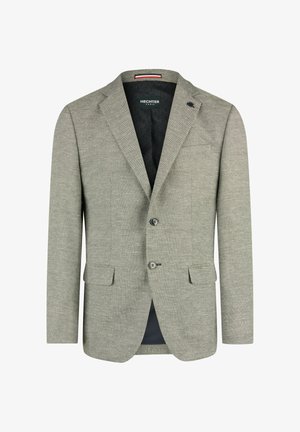 Hellgrauer maßgeschneiderter Herrenblazer mit Kerbkragen, zwei Knöpfen, Pattentaschen und schwarzem, gemustertem Innenfutter.