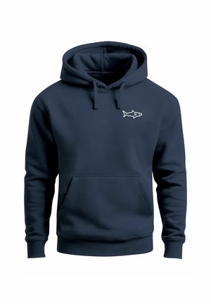 Navy blue hoodie in soft fabric, featuring a kangaroo pocket and a white shark graphic on the left chest. Drawstring hood and ribbed cuffs.