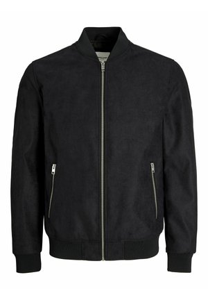 Veste bomber noire avec fermeture éclair devant, col, poignets et bas côtelés, et deux poches latérales zippées.