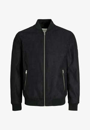 Black bomber jacket with front zipper, ribbed collar, cuffs, hem, and two zippered side pockets.
