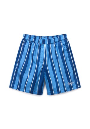 Μπλε ριγέ μαγιό με ελαστική μέση και λευκές κάθετες γραμμές, με ένα μικρό λευκό λογότυπο στην κάτω δεξιά πλευρά.