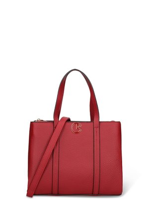 Borsa tote in pelle rossa con finitura texture, due manici corti, una tracolla staccabile e un dettaglio logo sul davanti.