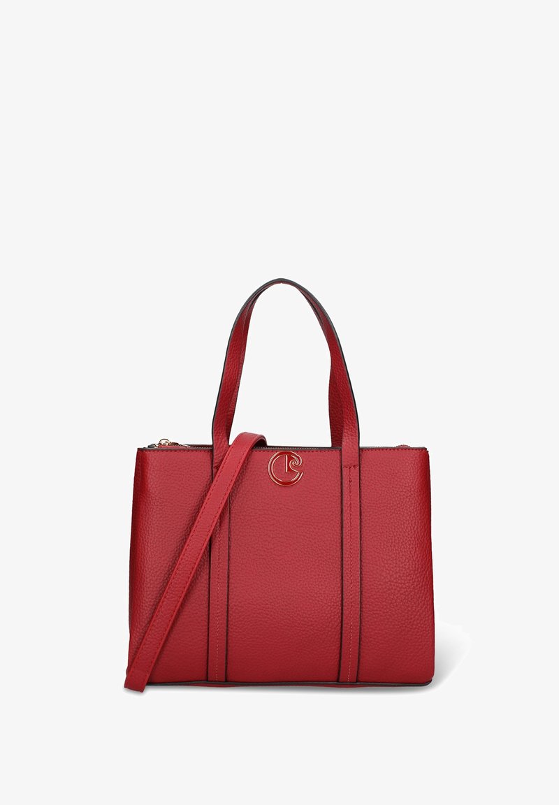 Borsa tote in pelle rossa con finitura texture, due manici corti, una tracolla staccabile e un dettaglio logo sul davanti.