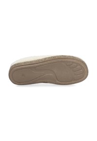 Bruine rubberen buitenzool met een gemêleerd patroon en een gecontoureerde vorm; wollen crème voering langs de bovenrand voor extra comfort.