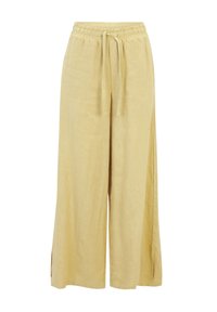 Linnen wijde broek in lichtgeel met een elastische tailleband en trekkoord. Beschikt over zijsplitten voor extra ademend vermogen en comfort.