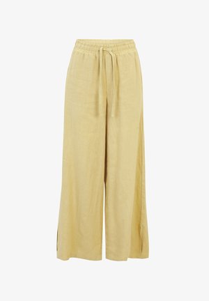 Pantalons en lin à jambes larges de couleur jaune pâle avec une taille élastique et un cordon de serrage. Équipés de fentes latérales pour plus de respirabilité et de confort.