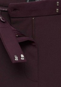 Bordeauxkleurige broeken met een rits, knoopsluiting en twee metalen accenten. Gladde textuur met een op maat gemaakt ontwerp.