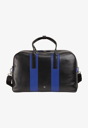 Borsa da viaggio in pelle nera con strisce verticali blu, doppi manici, tracolla rimovibile e dettagli in metallo argentato. Texture liscia.