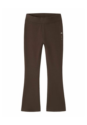 Pantalon extensible marron foncé avec une large ceinture et un léger évasement en bas, avec un petit logo sur la partie supérieure de la cuisse.