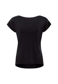 Black short-sleeve t-shirt made of soft fabric, featuring a wide neckline and a slightly curved hem. Subtle logo detail on the shoulder.