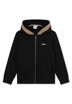 Zwarte zip-up hoodie met een contrasterende bruin en witte gestreepte halslijn. Voorzien van zijzakken en een klein wit logo op de borst.