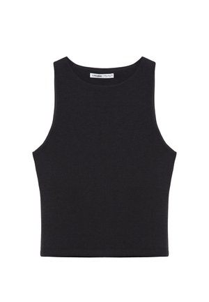 Top nero senza maniche, corto, con scollo rotondo, orlo dritto e piccola etichetta del marchio all'interno del collo.