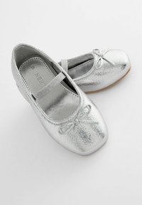 Ballet flats metallici argento con punta arrotondata, caratterizzati da un dettaglio a fiocco e una fascia elastica sulla parte superiore. Texture liscia, suola antiscivolo.