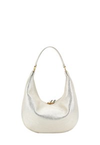 Hobo-Tasche im Stil mit strukturierter metallisch-silberner Oberfläche, einem einzelnen Schulterriemen und Verschluss mit goldfarbenen Beschlägen.