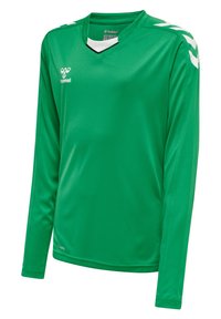 Langærmet grøn sportsjersey lavet af glat stof, med V-udskæring, hvide og sorte detaljer samt karakteristiske skulderstriber.