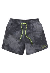 Tmavošedé plavky s viazaním a elastickým pásom, s motívom tie-dye, neonovožltým šnúrkou a logom "VENICE BEACH" v zodpovedajúcej farbe.