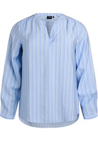 Vaaleansininen, pitkähihainen pusero, jossa on pystysuorat valkoiset raidoitukset, V-pääntie, kootut olkapäät ja hieman kaareva helma. Pehmeä, rakenneellinen kangas.