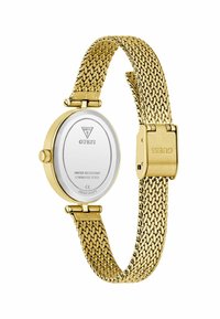Montre en acier inoxydable doré à mailles avec un cadran rond ; logo visible au dos et à l'avant, mettant en avant la résistance à l'eau et le mouvement japonais.