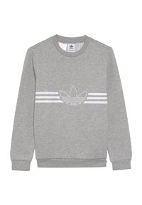 Grå sweatshirt i en bomullsblandning, med en vit broderad logotyp och tre vita ränder över bröstet. Ribbad mudd och nederkant.