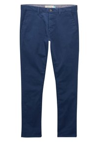 Chinos elásticos en azul marino con cierre de botón, dos bolsillos laterales y una suave tela de algodón mezclado con un corte limpio y entallado.