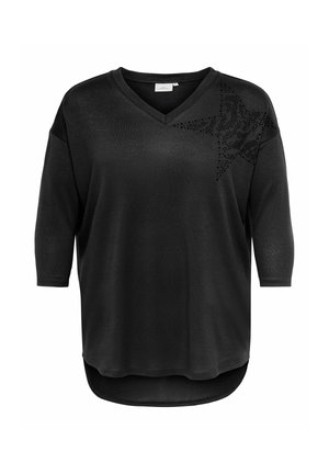 T-shirt noir à col en V avec des manches trois-quarts et un motif d'étoile subtil composé de petits points sur le côté supérieur droit.