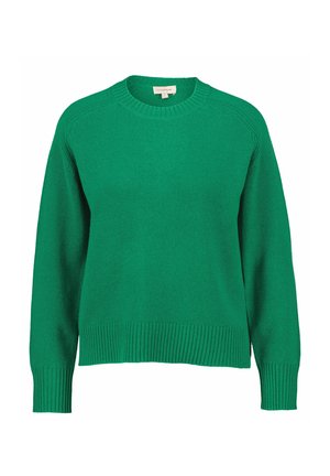 Grüner Strickpullover mit Rundhalsausschnitt, Rippbündchen und -saum sowie einer glatten Textur. Verfügt über eine lässige Passform und lange Ärmel.