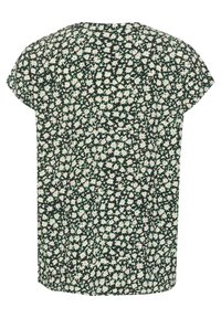 Top a maniche corte nero con un motivo floreale bianco e verde. Realizzato in tessuto leggero, presenta una vestibilità ampia e un collo rotondo.