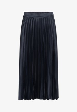 Pleated long skirt in navy polyester. Smooth texture with a wide waistband and thin vertical pleats for structured flow.