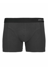 Donkergrijze boxershorts van zacht materiaal, voorzien van een zwarte elastische tailleband met "JACK & JONES" branding en een aansluitend ontwerp.