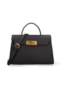 Borsa a mano in pelle nera con finitura texture, forma rettangolare, manico superiore e tracolla removibile. Presenta un dettaglio a chiusura in tonalità oro.