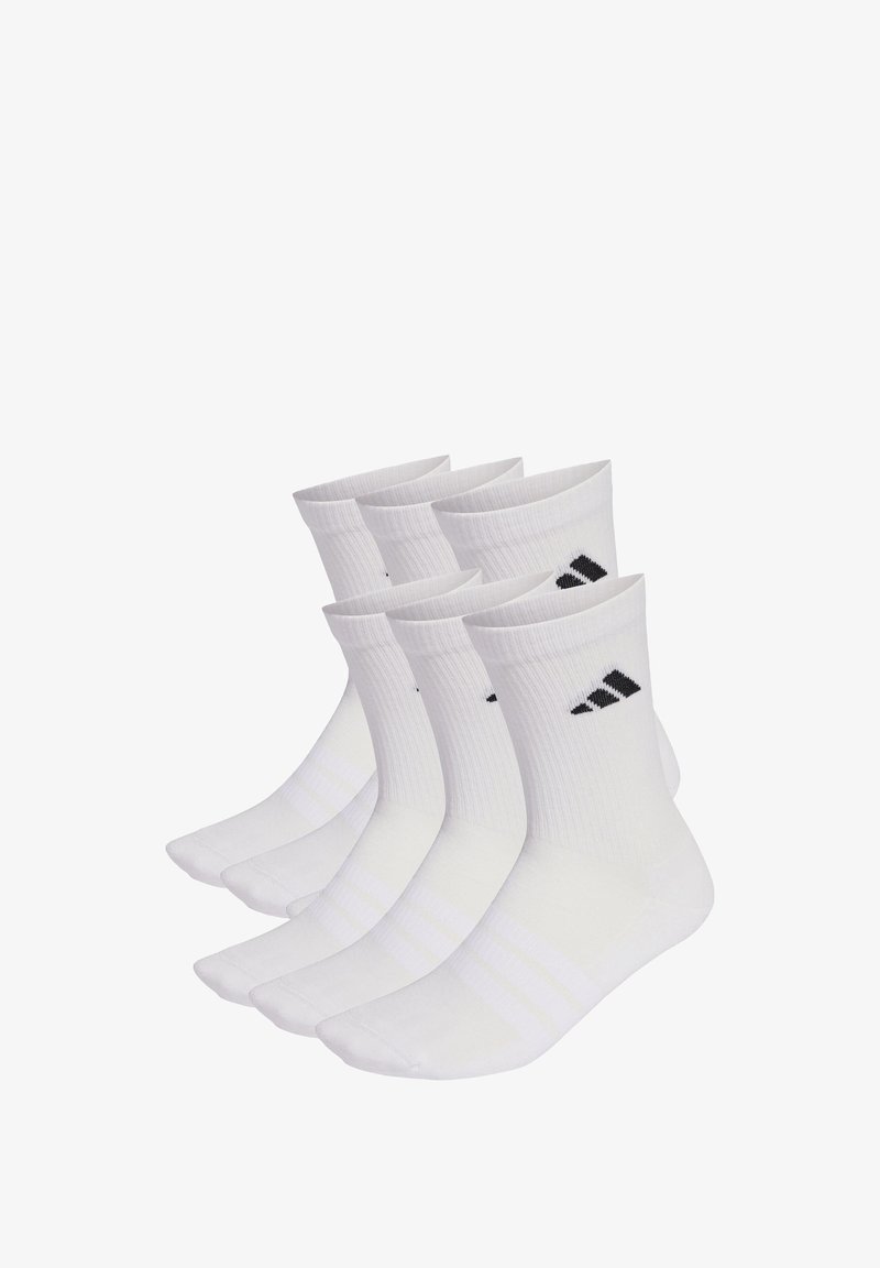 Bílé sportovní ponožky z bavlněné směsi s žebrovanou strukturou, kotníkové délky, s černým logem Adidas a pruhy. Balení čtyř párů.