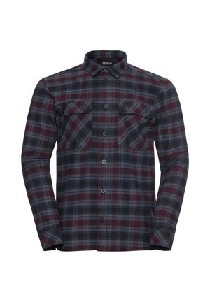 Camicia flanella a quadri in bordeaux, blu navy e grigio; presenta un colletto a punta e due tasche sul petto con chiusura a bottone.
