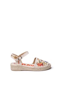 Beige espadrille sandal with floral embroidery, open toe, ankle strap, and jute sole. Features orange branding on the insole.