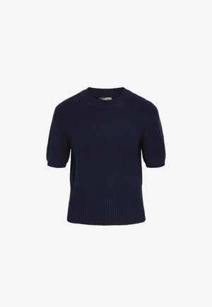 Pulover tricotat de culoare bleumarin, cu mâneci scurte, textură ribbed și margine dreaptă. Guler simplu în stil crew și croială lejeră.