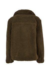 Bruine fleecejack met een zachte, gestructureerde oppervlakte, voorzien van een kraag en een rechte snit. De achterkant benadrukt de minimale naden en het ontwerp.