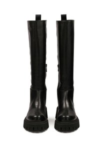 Cizme negre din piele, până la genunchi, cu un finisaj neted, vârf rotund, talpă groasă din cauciuc și detalii cu fermoar lateral. Design minimalistic cu bucle de prindere.