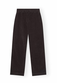 Pantaloni a gamba larga grigio scuro in cotone. Presentano una chiusura a bottone e una vita elasticizzata. Tessuto liscio con un design pulito.