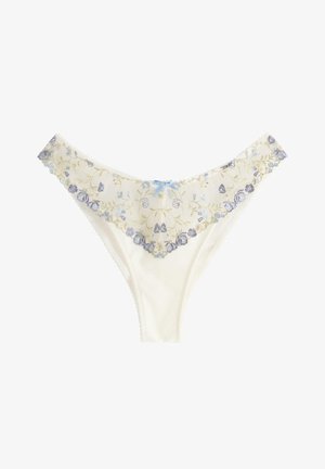 Cremefarvet g-streng med blå og grå blomstret broderi og en lille blå sløjfe foran i linningen.