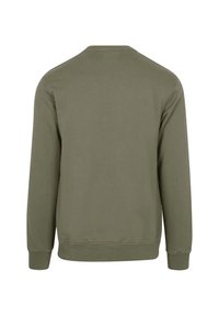 Sudadera de color verde oliva, de mangas largas, con cuello redondo, hecha de algodón. Presenta puños y cintura acanalados, textura suave, diseño liso.