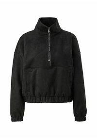 Zwarte cropped sweatshirt met hoge kraag en kwart rits, met tekst op de ritsstrop en elastische manchetten en zoom.