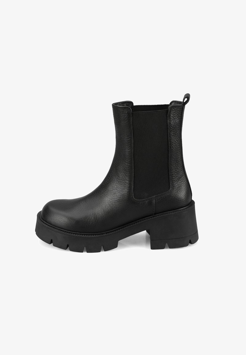 Schwarze Lederstiefelette mit elastischen Seitenpaneelen, einer abgerundeten Spitze und einer robusten Gummisohle mit tiefem Profil für besseren Halt.