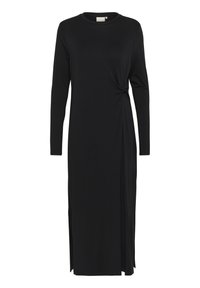 Long black dress made of soft material, featuring a round neck, long sleeves, side slits, and a twisted panel detail at the waist.