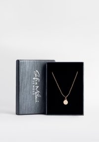 Guldtonad halsband med en dekorativ hängsmycke i stjärnform, visad i en svart sammetfodrad låda med en silvertexturerad yta.