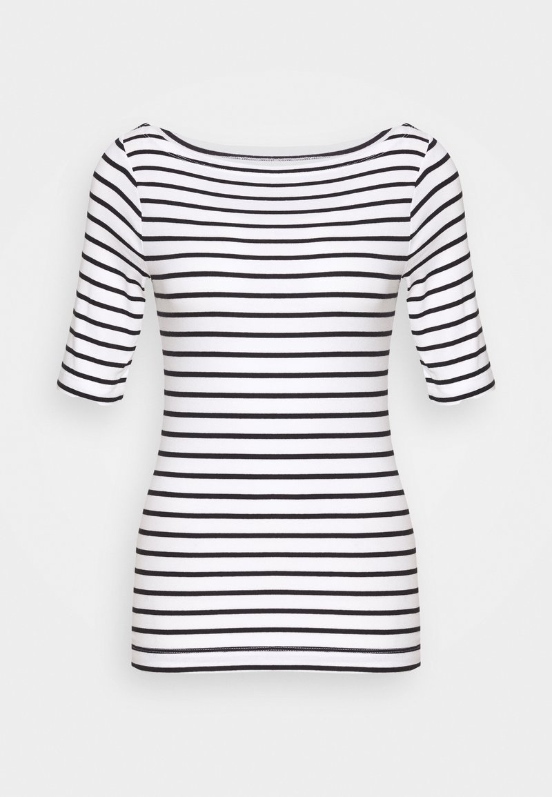Chemise blanche ajustée à manches courtes avec des rayures horizontales noires et un large col rond sur fond uni.